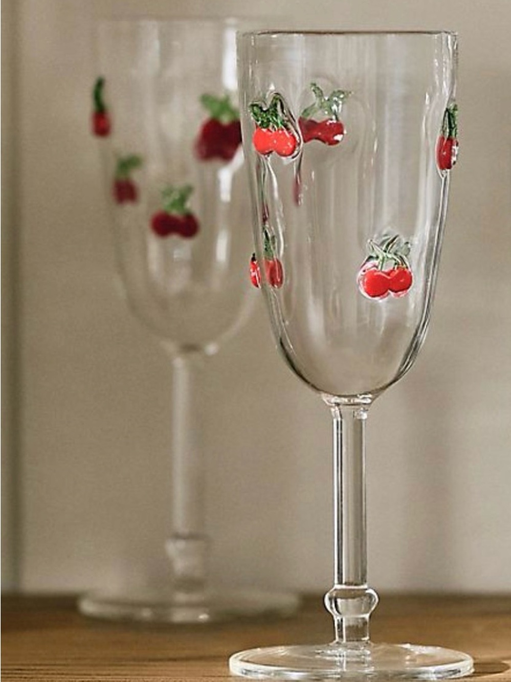 Anthropologie Icon Clear Stem Glasses with Red Cherry Motifs